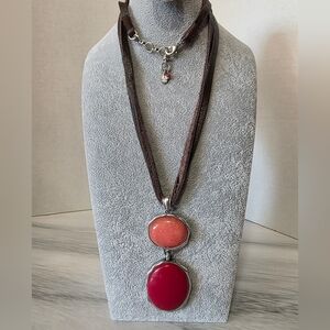 Vintage Lucky Brand necklace, 30" leather straps, with Red And Orange Stones